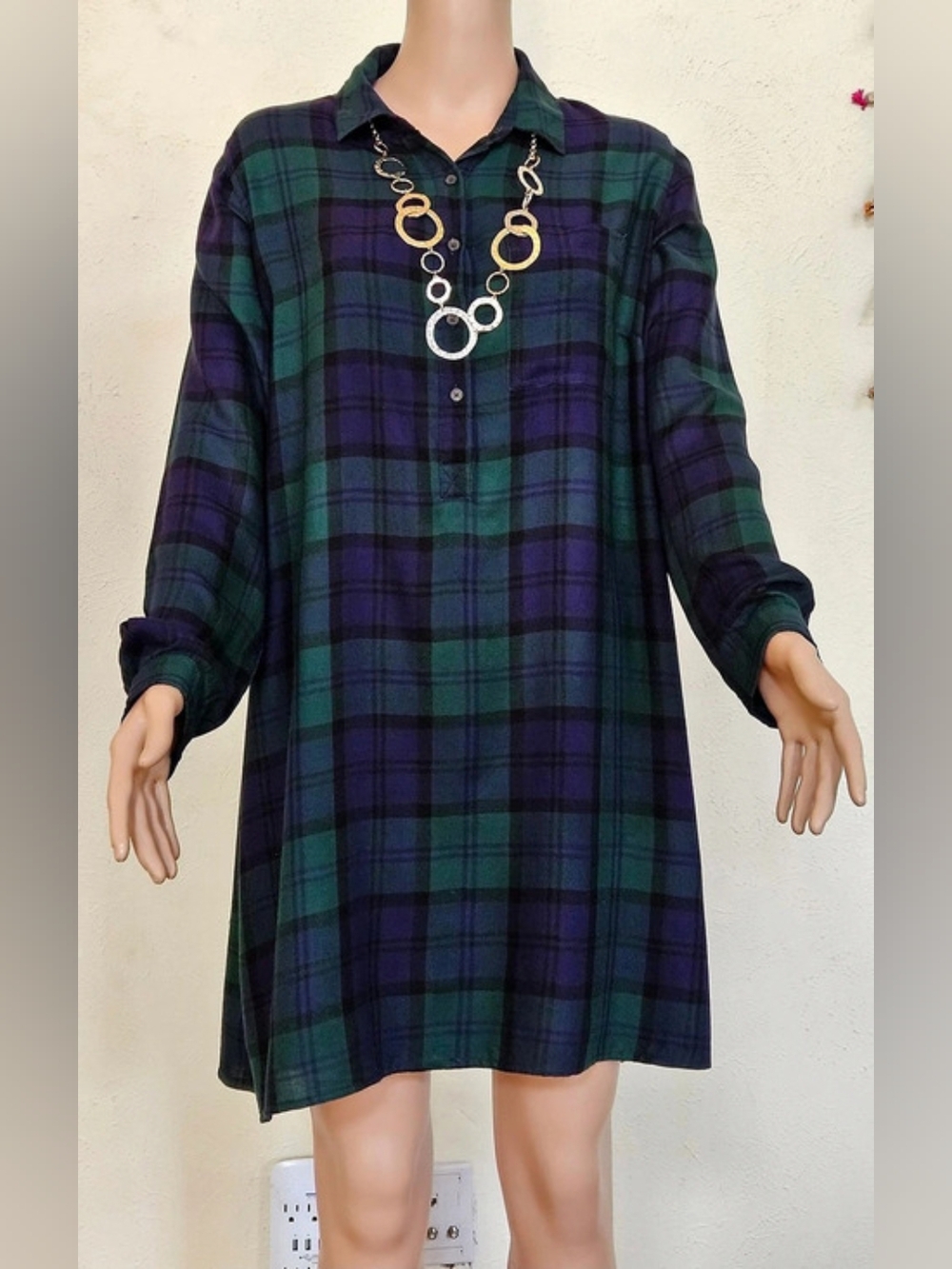 Soft Plaid Shirt Dress in Green & Navy